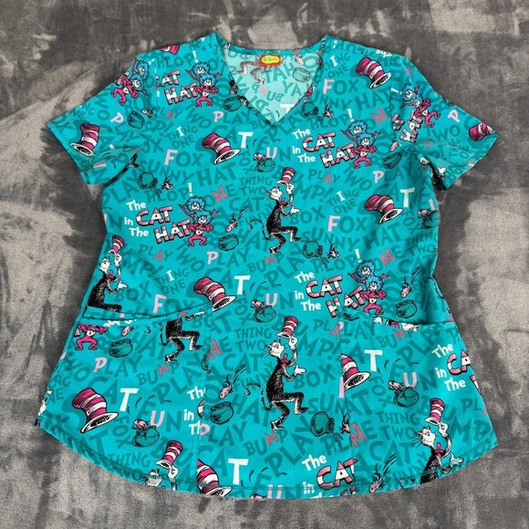 Dr Seuss Womens Medium Scrub Top Cat in the Hat Thing 1 & Thing 2 V-Neck Nurse - Picture 1 of 7